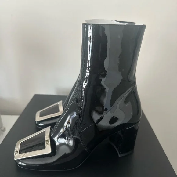 Saint Laurent Black Patent Leather Heeled Ankle Boots - Picture 4 of 9